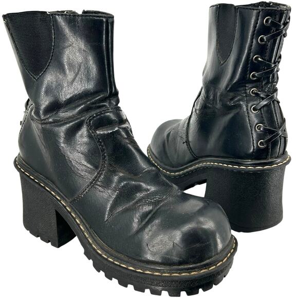 Vintage 90s y2k Women's Black Lower East Side Chunky Platform Corset Lace Boots - Picture 1 of 9